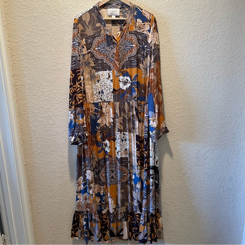Anthropologie Mare Mare Maxi Dress in Blue, Brown, Ivory, and Gold